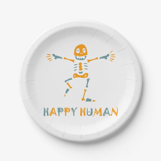Happy human skeleton paper plates (Front)