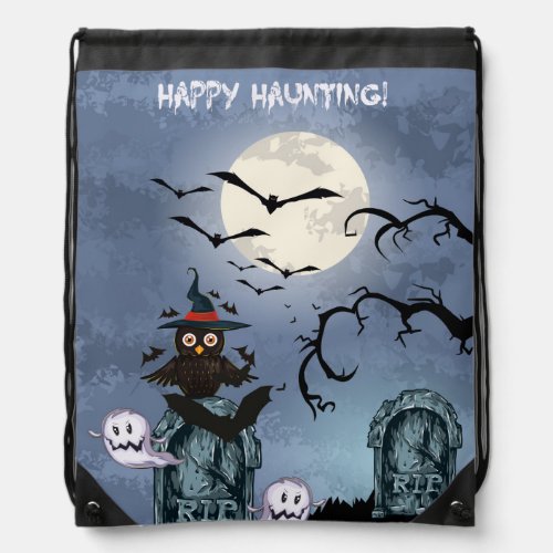 Happy Hunting Black Owl  Flying Bats Drawstring Bag