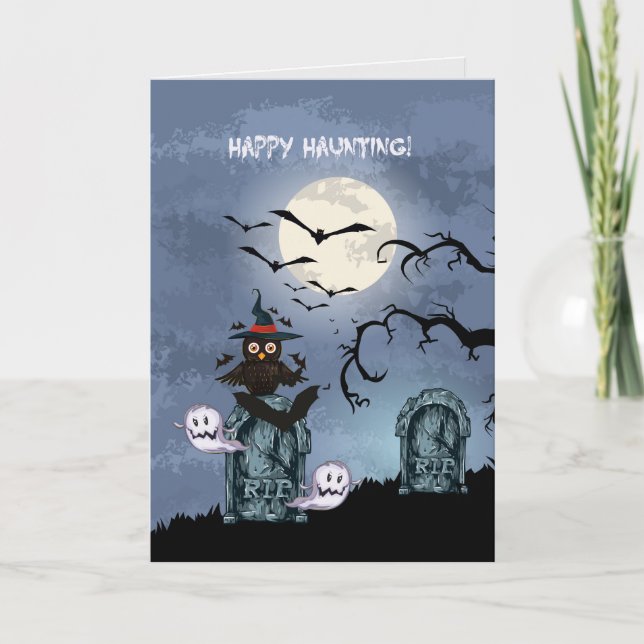 Happy Hunting Owl Ghosts And Flying Bats Card (Front)