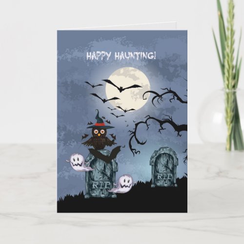 Happy Hunting Owl Ghosts And Flying Bats Card