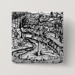 Happy husbandsmen tending bees, illustration from button