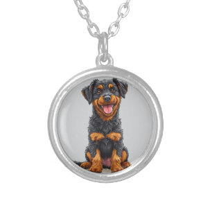 Happy Illustration of a Black and Tan Dog Silver Plated Necklace