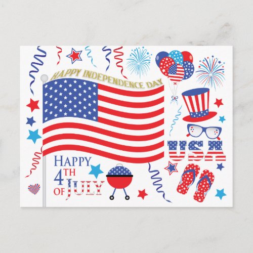 Happy Independence Day 4th July Red White Blue Postcard