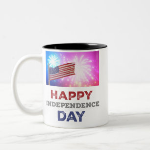 Happy Independence Day Fireworks Two-Tone Coffee Mug