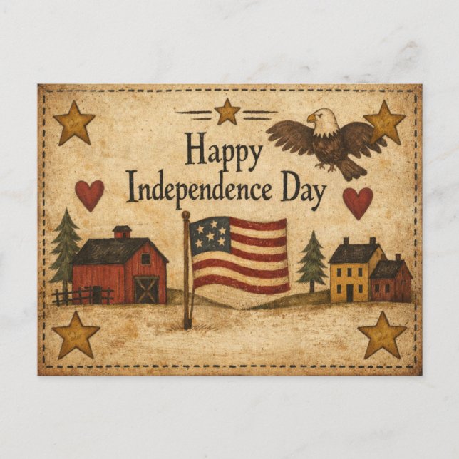 Happy Independence Day Primitive Folk Art Holiday Postcard (Front)