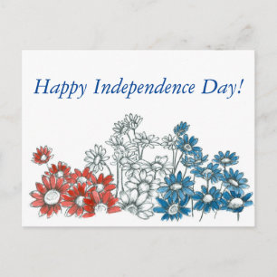 Happy Independence Day Red White Blue Flowers Postcard