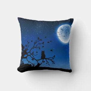 Happy International Cat Day Black Cat Under Moon Throw Pillow