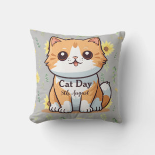 Happy International Cat Day Orange Tabby Sunflower Throw Pillow