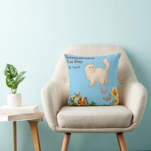 Happy International Cat Day Orange Tabby Sunflower Throw Pillow