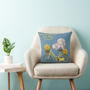 Happy International Cat Day Orange Tabby Sunflower Throw Pillow