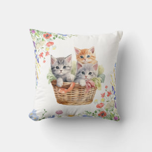 Happy International Cat Day Watercolor Wildflower Throw Pillow