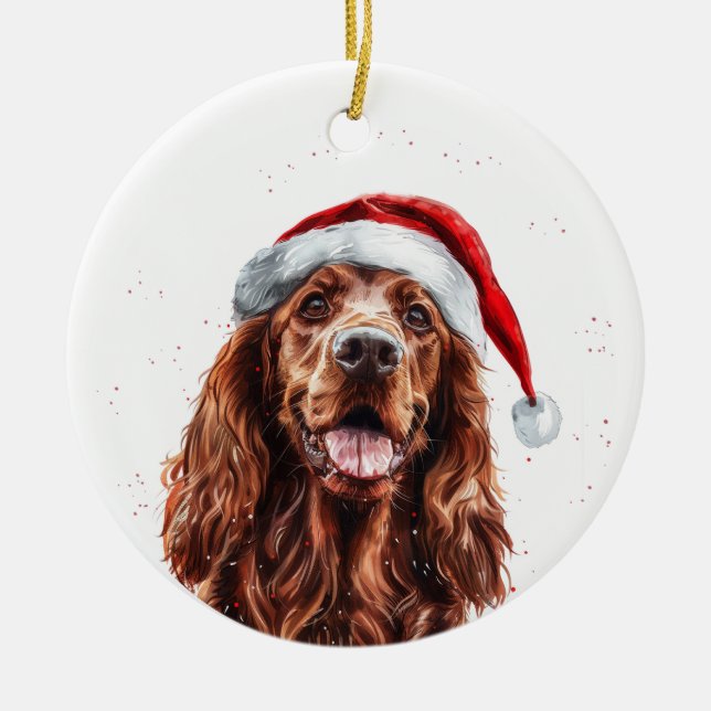 Happy Irish Setter Dog Christmas Personalized Ceramic Ornament (Front)