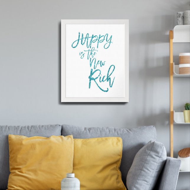 Happy Is The New Rich Quote blue faux glitter Framed Art (Living Room 3)
