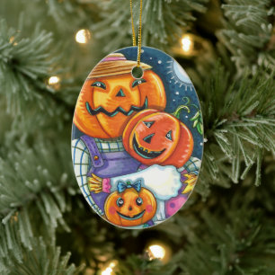 HAPPY JACK O LANTERN FAMILY, COLORFUL AND CUTE CERAMIC ORNAMENT