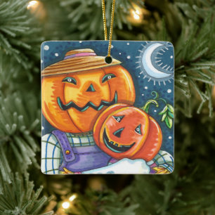 HAPPY JACK O LANTERN FAMILY, COLORFUL AND CUTE CERAMIC ORNAMENT