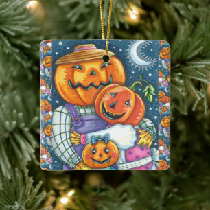HAPPY JACK O LANTERN FAMILY, COLORFUL AND CUTE CERAMIC ORNAMENT