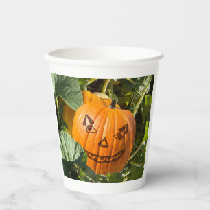 Happy jack-o-lantern pumpkin face Halloween garden Paper Cups