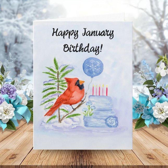 Happy January Birthday Cardinal with Birthday Cake Card (Creator Uploaded)