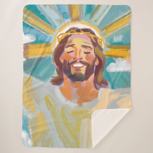 Happy Jesus with Crown of Thorns Sherpa Blanket (Front)