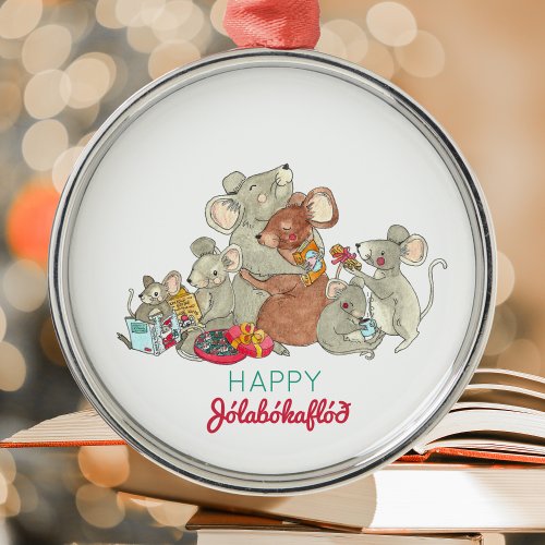Happy Jolabokaflod Mouse Family Christmas Ceramic  Metal Ornament