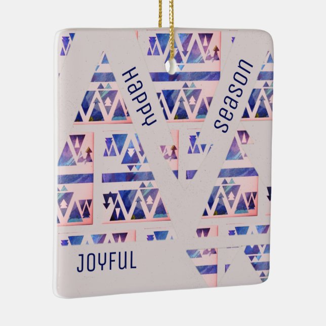 Happy Joyful Season Modern Blue & Off White Ceramic Ornament (Right)