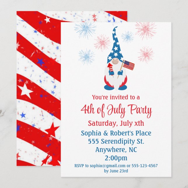Happy July 4th Cute Gnome Fireworks Invitation (Front/Back)