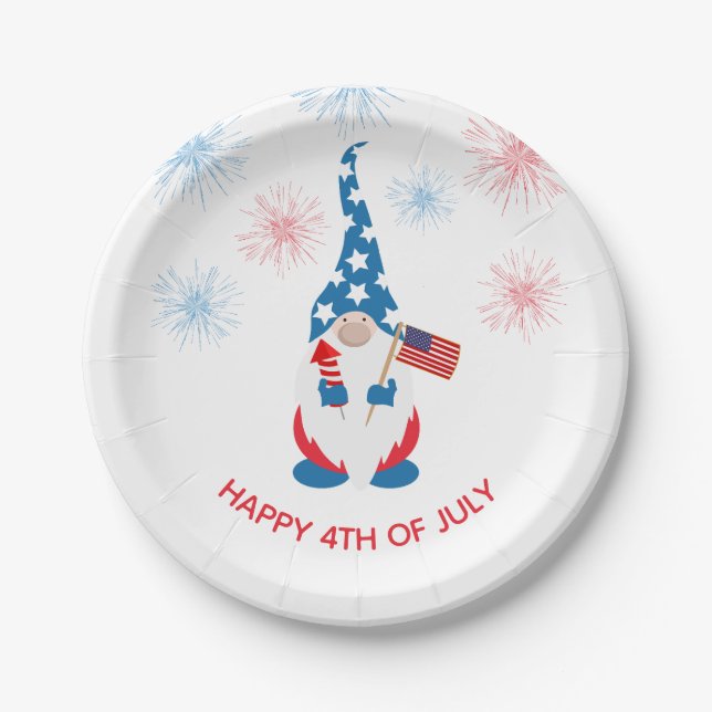 Happy July 4th Cute Gnome Fireworks Paper Plates (Front)