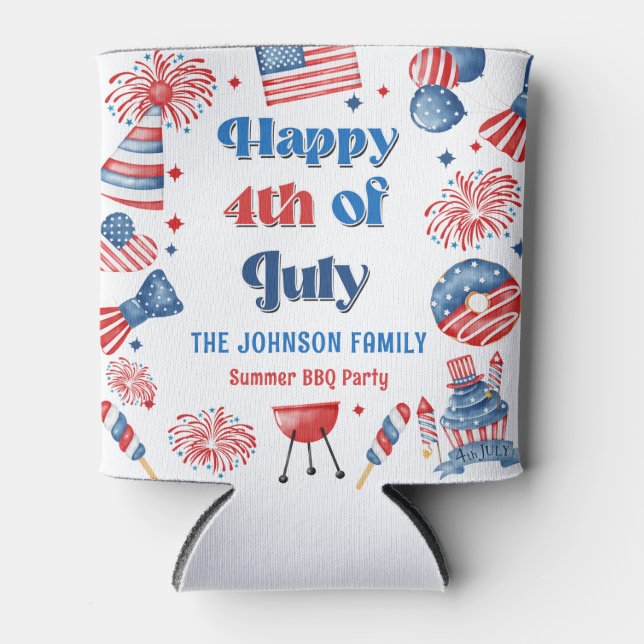 Happy July 4th Fireworks BBQ Party Paper Plates Can Cooler (Front)