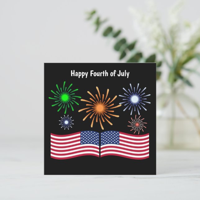 Happy July fourth fire works and flag Holiday Card (Standing Front)