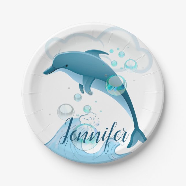 Happy Jumping Dolphin with Bubbles Paper Plates (Front)