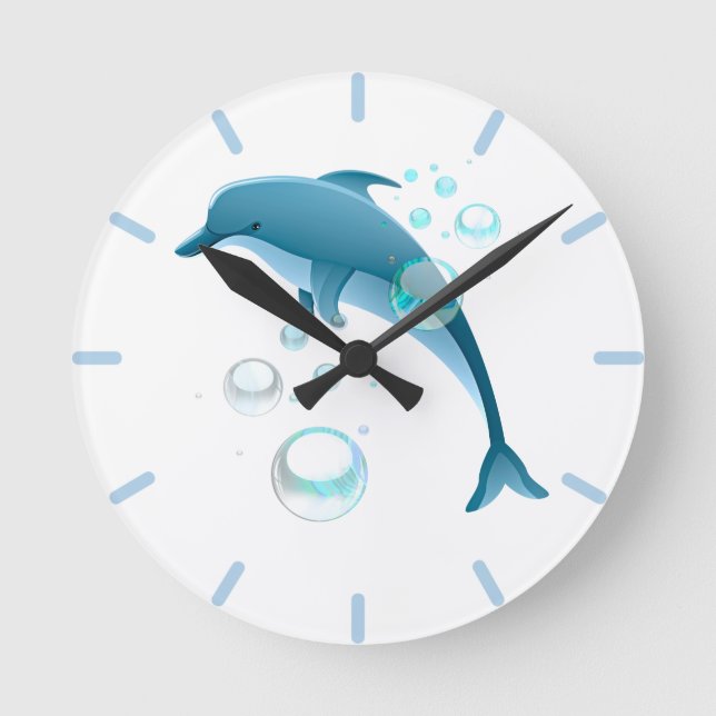 Happy Jumping Dolphin with Bubbles Round Clock (Front)