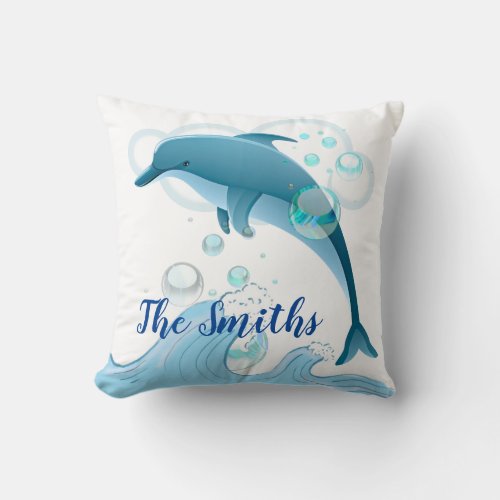 Happy Jumping Dolphin with Bubbles Throw Pillow