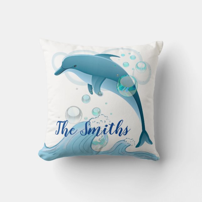 Happy Jumping Dolphin with Bubbles Throw Pillow (Front)