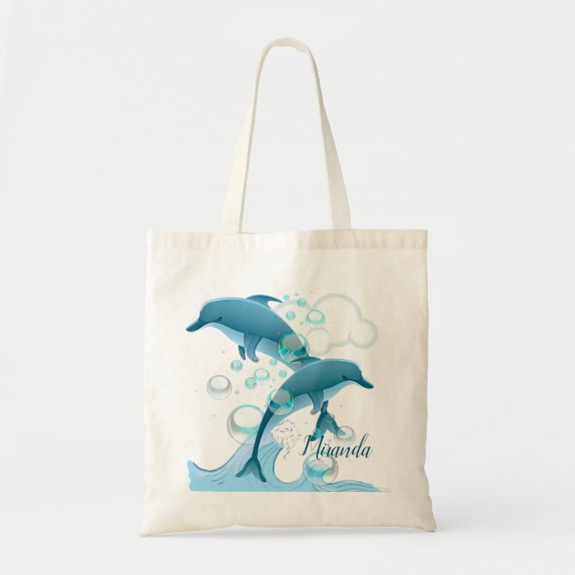 Happy Jumping Dolphin with Bubbles Tote Bag (Front)