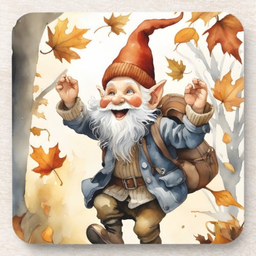 Happy Jumping Gnome in Fall Leaves Beverage Coaster