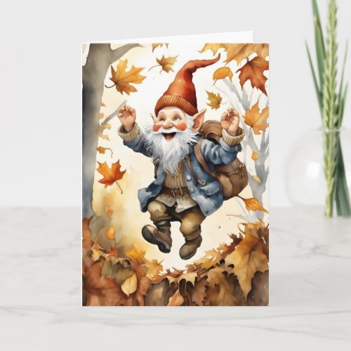 Happy Jumping Gnome in Fall Leaves Blank Greeting Card
