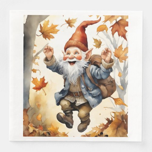 Happy Jumping Gnome in Fall Leaves Paper Dinner Napkins