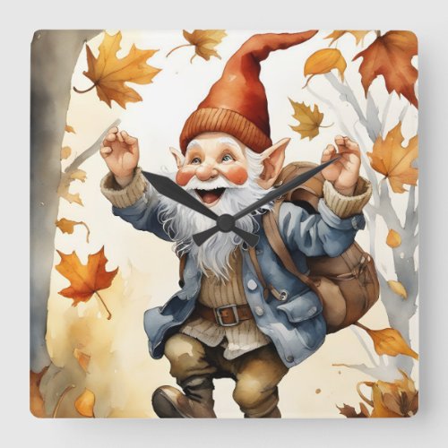 Happy Jumping Gnome in Fall Leaves  Square Wall Clock
