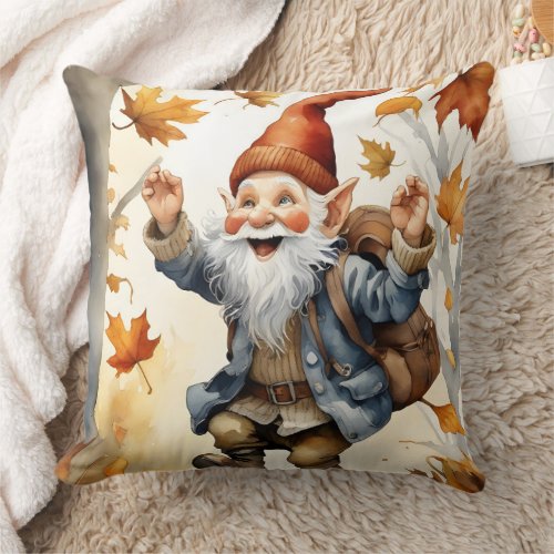 Happy Jumping Gnome in Fall Leaves Throw Pillow