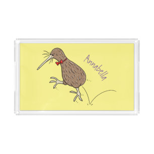 Happy jumping kiwi with bow tie cartoon design acrylic tray