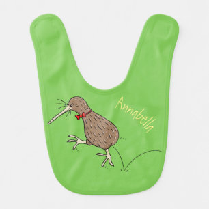 Happy jumping kiwi with bow tie cartoon design baby bib