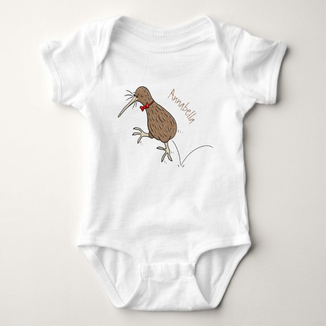 Happy jumping kiwi with bow tie cartoon design baby bodysuit (Front)