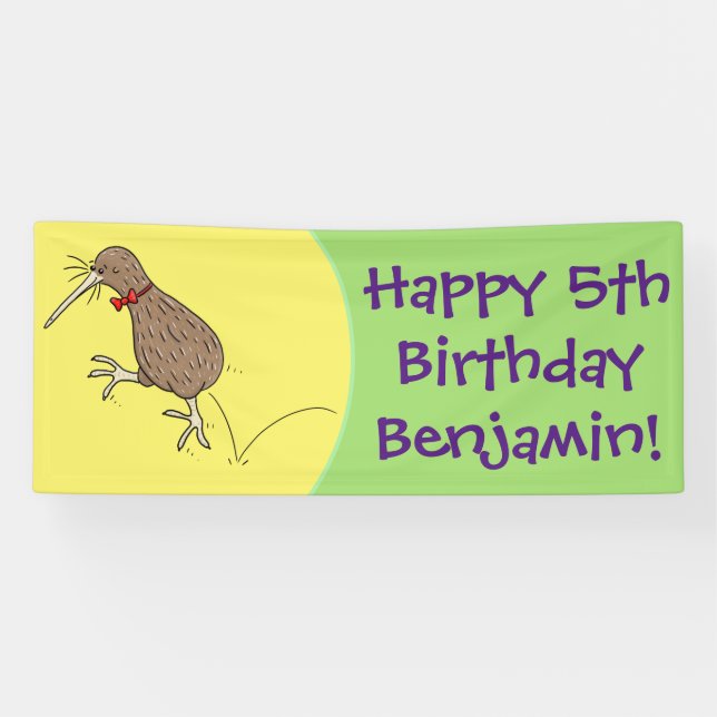 Happy jumping kiwi with bow tie cartoon design banner (Horizontal)