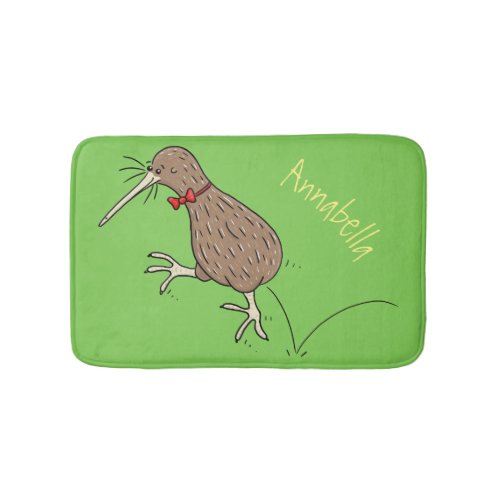 Happy jumping kiwi with bow tie cartoon design bath mat