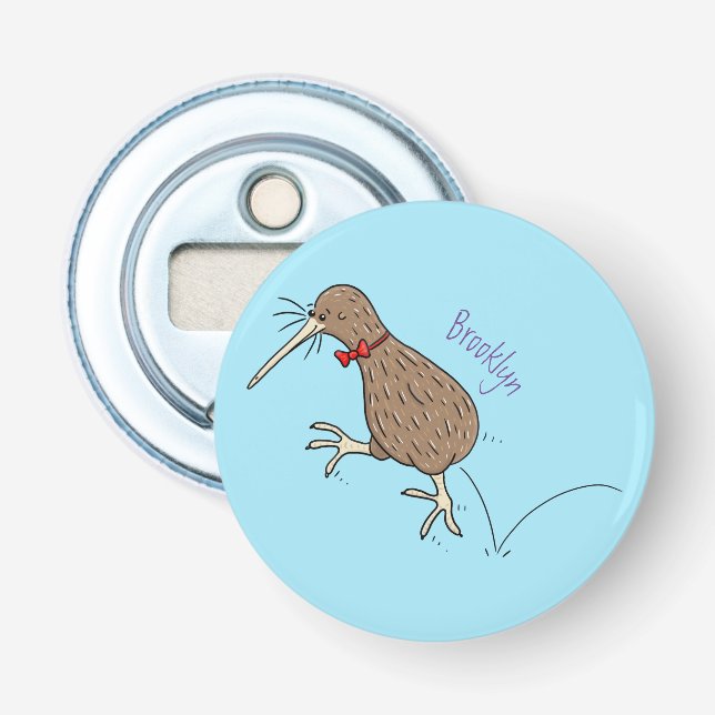 Happy jumping kiwi with bow tie cartoon design bottle opener (Front)