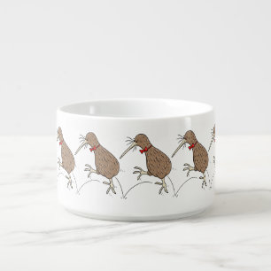 Happy jumping kiwi with bow tie cartoon design bowl