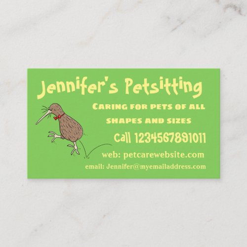 Happy jumping kiwi with bow tie cartoon design business card