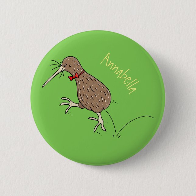 Happy jumping kiwi with bow tie cartoon design button (Front)