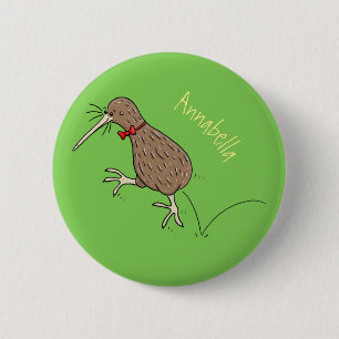 Happy jumping kiwi with bow tie cartoon design button