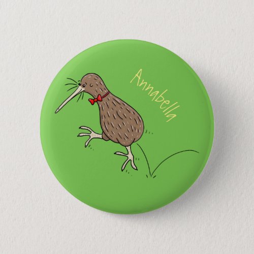 Happy jumping kiwi with bow tie cartoon design button